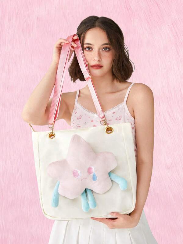 Kawaii Large Shoulder Tote Bag Cute Cartoon Patched For Working SHEIN USA
