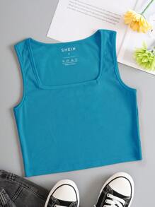 SHEIN EZwear Square Neck Crop Tank Top - Cadet Blue - View 1