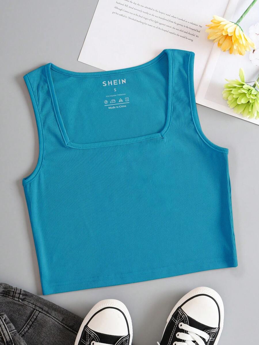 SHEIN EZwear Square Neck Crop Tank Top - Cadet Blue - View 1