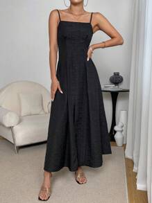 SHEIN Privé 素色高衩吊帶連衣裙 - 黑色 - 查看 4