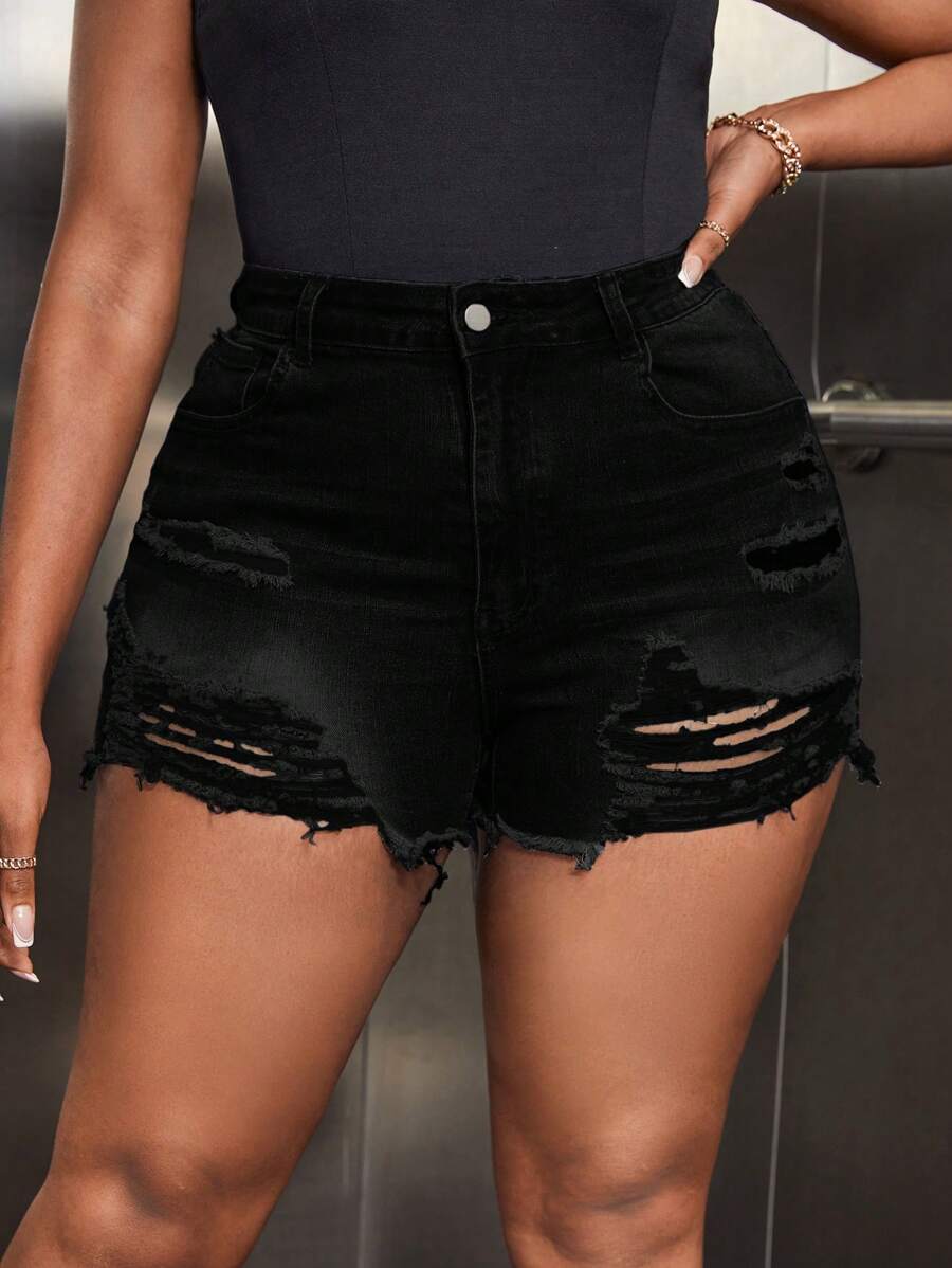 Plus Ripped Raw Hem Denim Shorts - Black - View 1