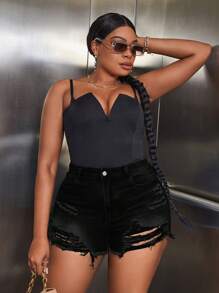 Plus Ripped Raw Hem Denim Shorts - Black - View 4