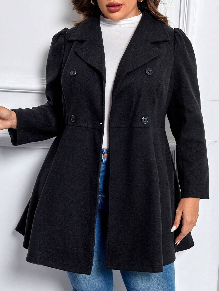 SHEIN Clasi 大碼西裝領雙排釦花呢外套 - 黑色 - 查看 1