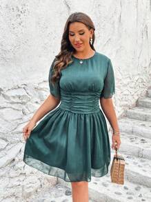 SHEIN VCAY Đầm Plus Size Xù màu trơn Giải trí - Màu xanh lá cây đậm - Xem 3