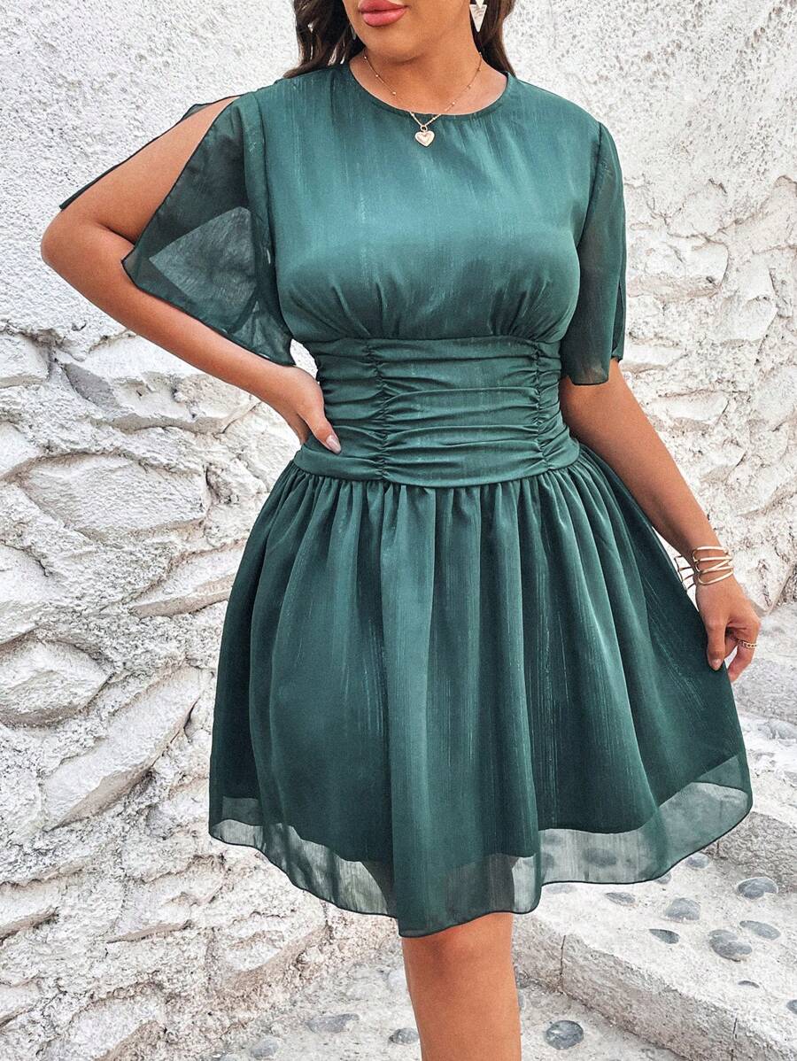 SHEIN VCAY Đầm Plus Size Xù màu trơn Giải trí - Màu xanh lá cây đậm - Xem 1