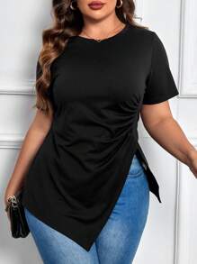 SHEIN LUNE Plus Ruched Asymmetrical Hem Tee - Black - View 4