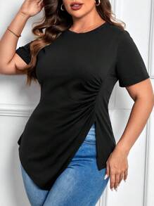 SHEIN LUNE Plus Ruched Asymmetrical Hem Tee - Black - View 5