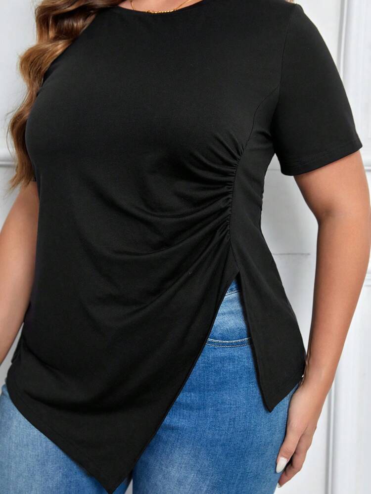 Plus Ruched Asymmetrical Hem Tee