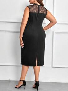 SHEIN Clasi Talla grande Vestido ajustado con encaje en contraste de cuello alto - Negro - Ver 2