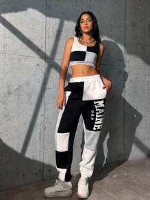 SHEIN Unity Bộ đồ hai mảnh nữ Túi Khối Màu Lá thư Giải trí - Nhiều màu - Xem 6