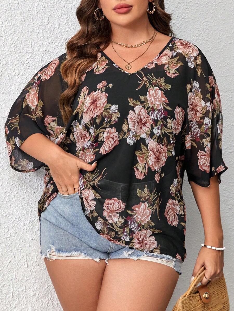 EMERY ROSE 大碼印花蝙蝠袖襯衫 - 彩色 - 查看 1