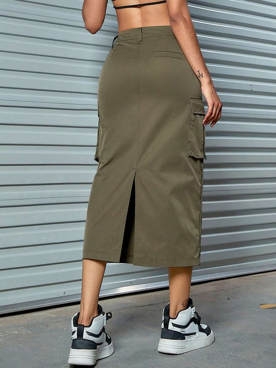 Flap Pocket Side Back Split Cargo Váy - xanh quân đội - Xem 1