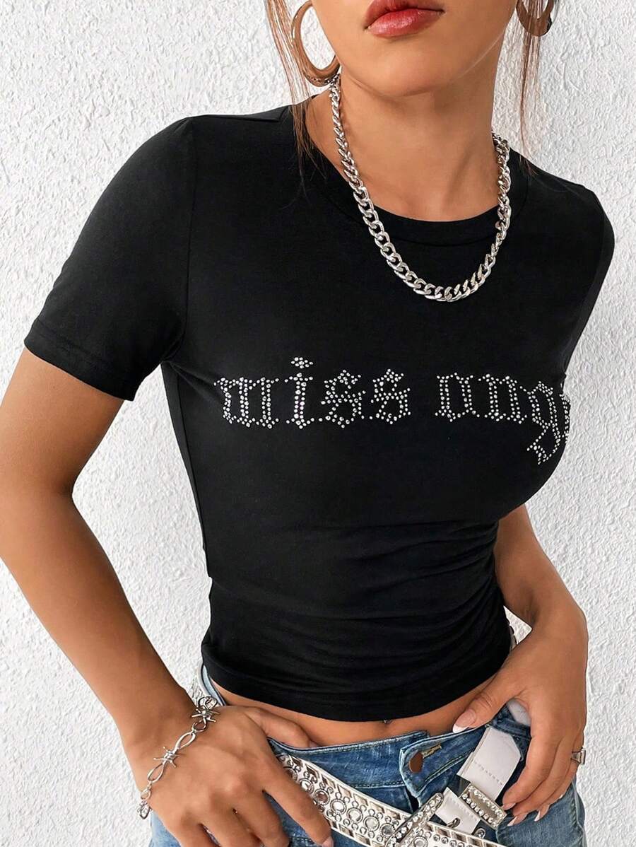 Áo thun nữ Pha lê kim cương Lá thư Giải trí - màu đen - Xem 1