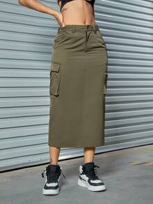 Flap Pocket Side Back Split Cargo Váy - xanh quân đội - Xem 2