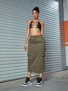 Flap Pocket Side Back Split Cargo Váy - xanh quân đội - Xem 3