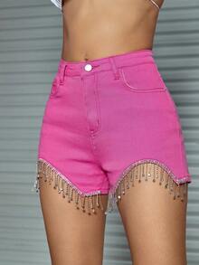 Rave Y2K 高腰斜口袋水钻流苏边迷你牛仔短裤夏季舒适 - 玫紅色 - 查看 3