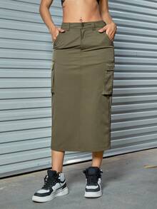 Flap Pocket Side Back Split Cargo Váy - xanh quân đội - Xem 4