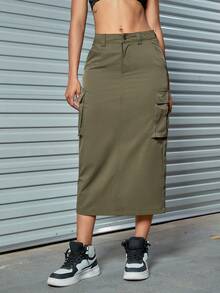 Flap Pocket Side Back Split Cargo Váy - xanh quân đội - Xem 5