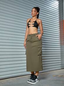 Flap Pocket Side Back Split Cargo Váy - xanh quân đội - Xem 6