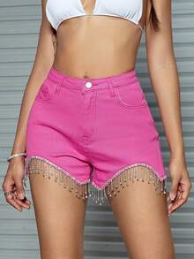 Rave Y2K 高腰斜口袋水钻流苏边迷你牛仔短裤夏季舒适 - 玫紅色 - 查看 6