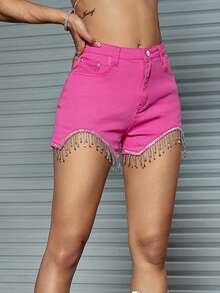 Rave Y2K 高腰斜口袋水钻流苏边迷你牛仔短裤夏季舒适 - 玫紅色 - 查看 7