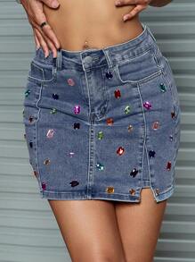 狂歡水鑽串珠下擺開叉牛仔緊身迷你半身裙 - 中等水洗藍 - 查看 1