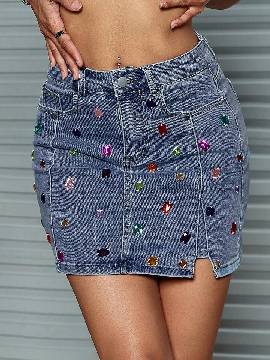 狂歡水鑽串珠下擺開叉牛仔緊身迷你半身裙 - 中等水洗藍 - 查看 1