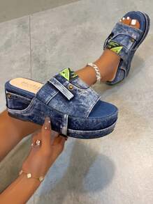 女士字母貼飾按扣坡跟時尚夏天牛仔坡跟涼鞋 - 藍色 - 查看 3