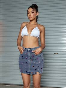 狂歡水鑽串珠下擺開叉牛仔緊身迷你半身裙 - 中等水洗藍 - 查看 3