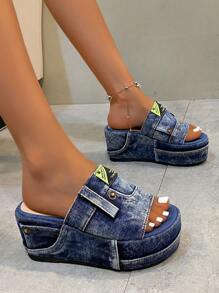 女士字母貼飾按扣坡跟時尚夏天牛仔坡跟涼鞋 - 藍色 - 查看 4