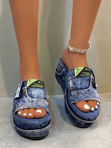 女士字母貼飾按扣坡跟時尚夏天牛仔坡跟涼鞋 - 藍色 - 查看 5