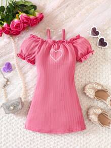 SHEIN 嬰兒愛心圖案挖肩褶邊泡泡袖連衣裙 - 玫紅色 - 查看 1