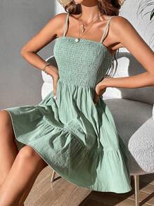 SHEIN WYWH 素色荷葉邊吊帶連衣裙 - 橄欖綠 - 查看 1