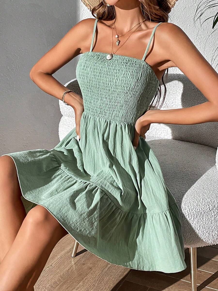 SHEIN WYWH 素色荷葉邊吊帶連衣裙 - 橄欖綠 - 查看 1