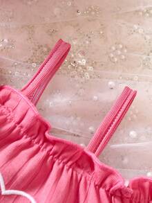 SHEIN 嬰兒愛心圖案挖肩褶邊泡泡袖連衣裙 - 玫紅色 - 查看 3