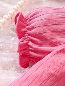 SHEIN 嬰兒愛心圖案挖肩褶邊泡泡袖連衣裙 - 玫紅色 - 查看 5