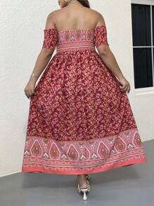 SHEIN Holidaya Plus Floral Print Off Shoulder Split Thigh Dress - Red - View 2