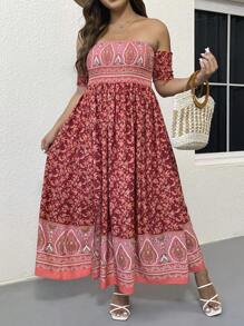 SHEIN Holidaya Plus Floral Print Off Shoulder Split Thigh Dress - Red - View 4