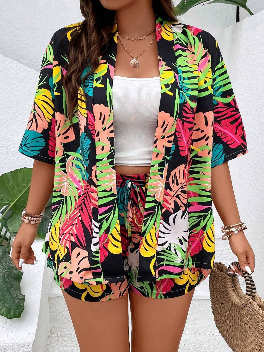 SHEIN Holidaya 大碼熱帶圖案和服罩衫和前繫帶短褲 - 彩色 - 查看 1