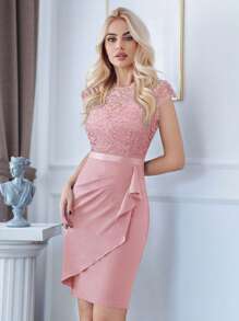 MIUSOL Floral Lace Ruffle Trim Wrap Hem Cocktail Party Bodycon Dress - Pink - View 2