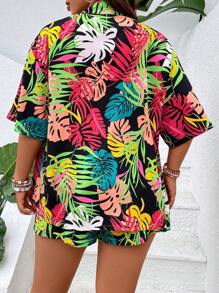 SHEIN Holidaya 大碼熱帶圖案和服罩衫和前繫帶短褲 - 彩色 - 查看 2
