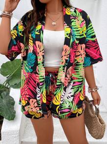 SHEIN Holidaya 大碼熱帶圖案和服罩衫和前繫帶短褲 - 彩色 - 查看 4