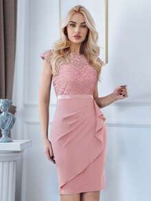 MIUSOL Floral Lace Ruffle Trim Wrap Hem Cocktail Party Bodycon Dress - Pink - View 5