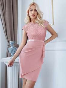 MIUSOL Floral Lace Ruffle Trim Wrap Hem Cocktail Party Bodycon Dress - Pink - View 7