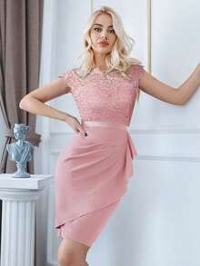 MIUSOL Floral Lace Ruffle Trim Wrap Hem Cocktail Party Bodycon Dress - Pink - View 8