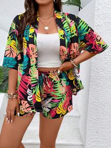 SHEIN Holidaya 大碼熱帶圖案和服罩衫和前繫帶短褲 - 彩色 - 查看 7