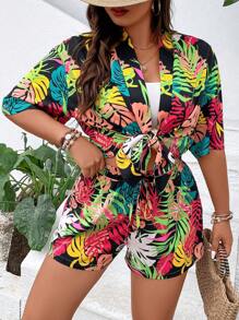 SHEIN Holidaya 大碼熱帶圖案和服罩衫和前繫帶短褲 - 彩色 - 查看 8