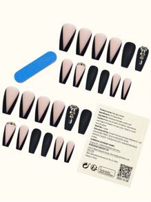 24 piezas Uña postiza larga ataúd con diseño de diamante de imitación & 1 hoja cinta & 1 pieza lima de uña - Negro - Ver 3