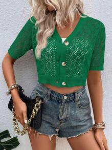 SHEIN Privé Nữ Cardigans Nút phía trước màu trơn Giải trí - màu xanh lá - Xem 5