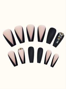 24 piezas Uña postiza larga ataúd con diseño de diamante de imitación & 1 hoja cinta & 1 pieza lima de uña - Negro - Ver 6